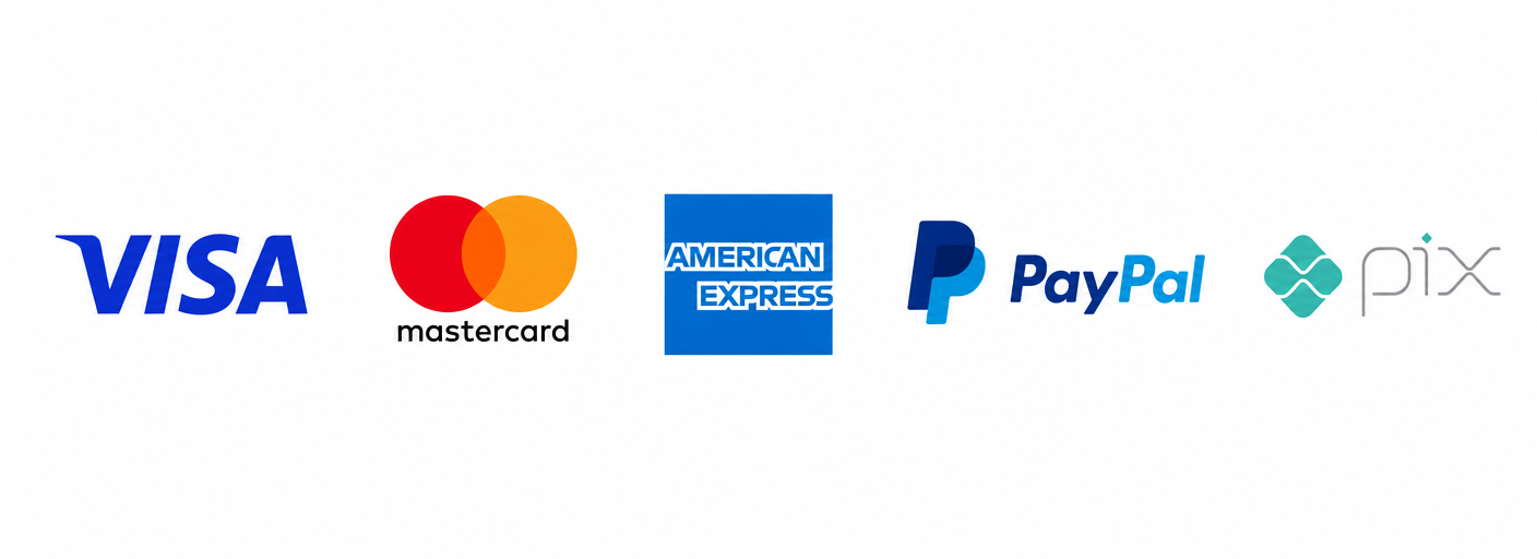 Métodos de pago disponibles: Visa, Mastercard, American Express, PayPal y PIX